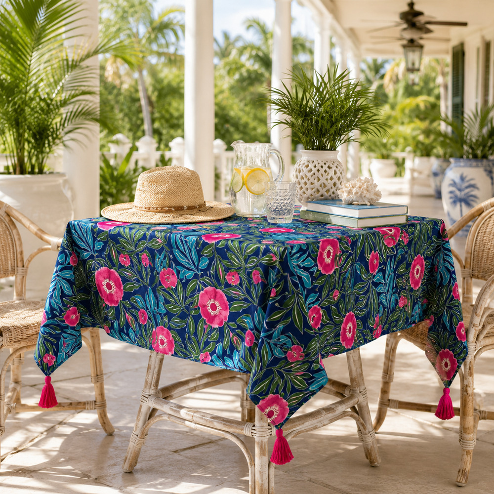 Opalhouse Blue Pink Tropical Floral Square Tablecloth 51" 100% Cotton Tassels